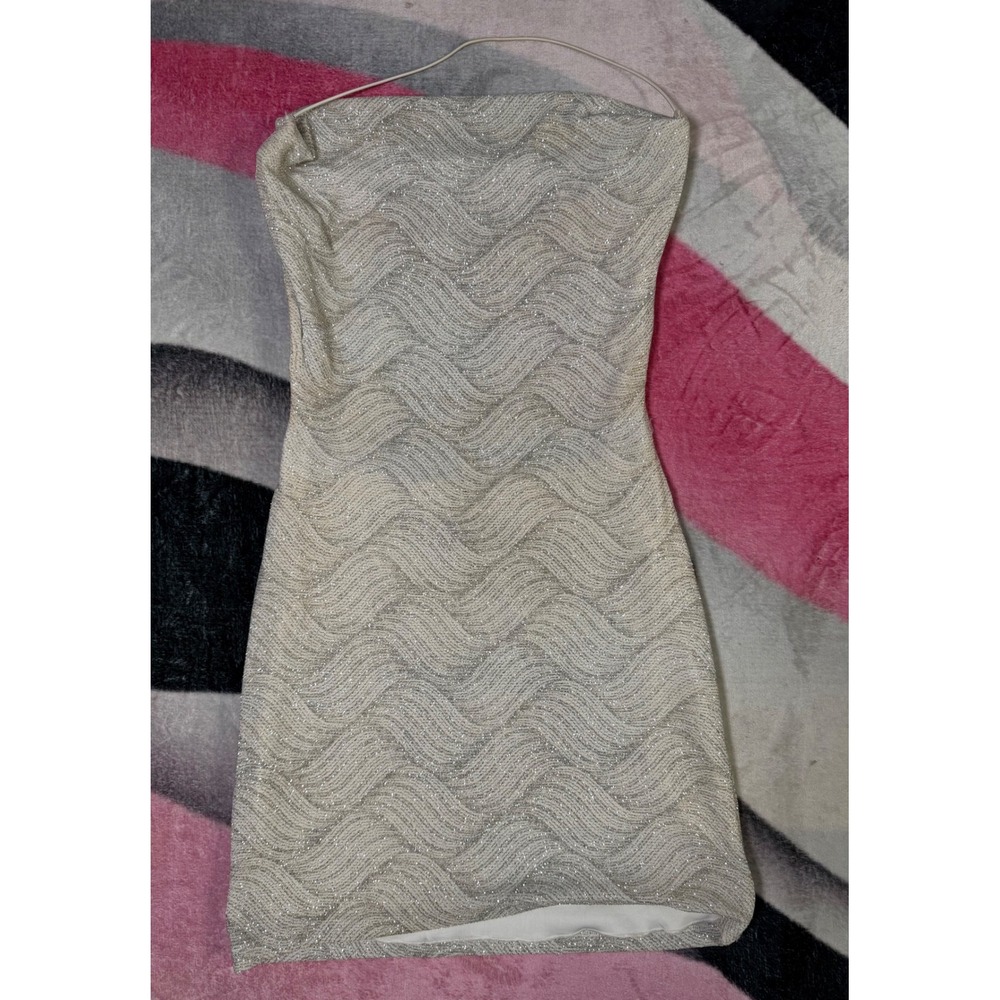 Windsor Silver Metallic Wave Lace Up Back Mini Dress W5DHW755E Womens Medium
